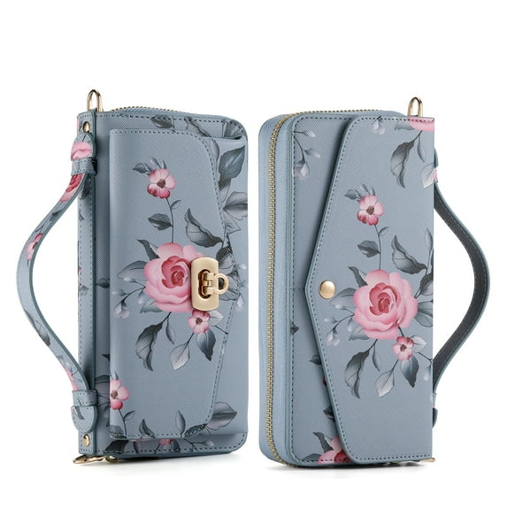 Allytech Flower Case for Galaxy S22 Wallet Cover for Women, PU Leather Detachable Luxury RFID Protected Card Holder Case with Hand/Shoulder Strap Case for Samsung Galaxy S22 6.1" 2022, Grey