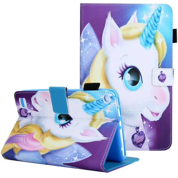 Allytech Folio Case for Kindle Fire 7" Tablet Amazon Fire 7 9th/7th/5th Gen 2019/2017/2015 Release, Premium PU Leather Impact Resistant Folio Stand Smart Auto Sleep & Wake Shell Case, Unicorn