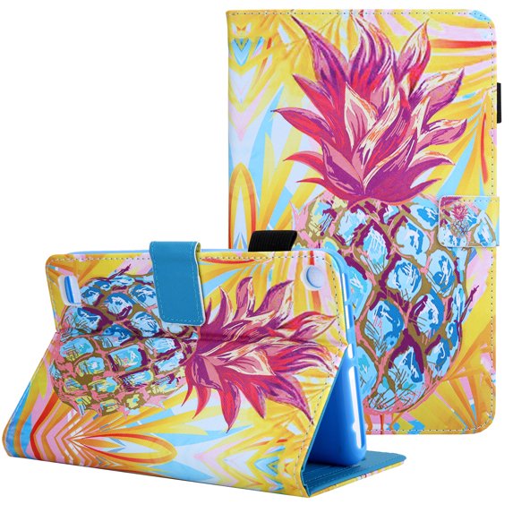 Allytech Folio Case for Kindle Fire 7" Tablet Amazon Fire 7 9th/7th/5th Gen 2019/2017/2015 Release, Premium PU Leather Impact Resistant Folio Stand Smart Auto Sleep & Wake Shell Case, Pineapple