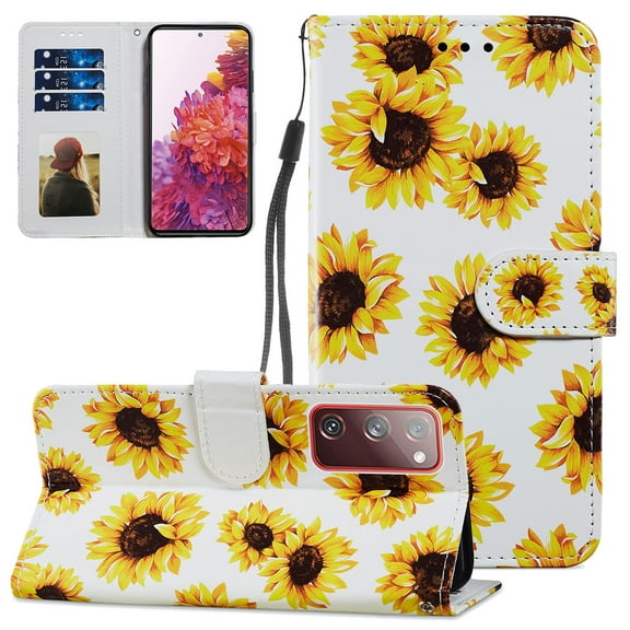 Allytech Folio Case for Samsung Galaxy S20 FE 5G 6.5 inch, PU Leather & TPU Protective ID Credit Holder Stand Purse Case with Removable Hand Strap/Magnetic Snap for Samsung S20 FE 2020, Sunflower