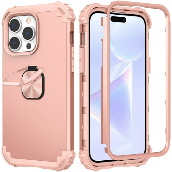 Allytech For Apple iPhone 14 Pro Max 6.7 inch Case,Magnetic Ring Kickstand Shockproof Hard PC Back and Silicone Hybrid Rugged Bumper Four Corner Guard Phone Cover.For iPhone 14 Pro Max,Rosegold
