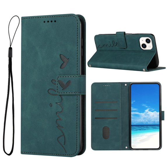 Allytech For iPhone 14 Plus 6.7 inch Wallet Case,Luxury Cute Love Heart Embossed Shockproof PU Leather Magnetic Closure Flip Card Slots Kickstand Cover with Detachable Wrist Strap.Green