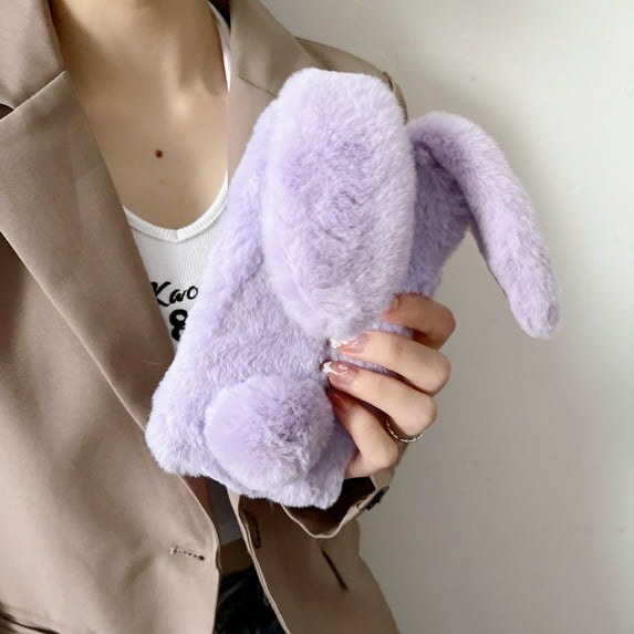 Allytech Furry Bunny Case Cover for Samsung Galaxy A14 5G, Chic Luxury Faux Fur Rabbit Design Girly Back Case for Girls Women Shockproof Bumper Soft Fluffy Cover - Purple