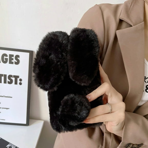 Allytech Furry Bunny Case Cover for Samsung Galaxy A23 4G, Chic Luxury Faux Fur Rabbit Design Girly Back Case for Girls Women Shockproof Bumper Soft Fluffy Cover - Black