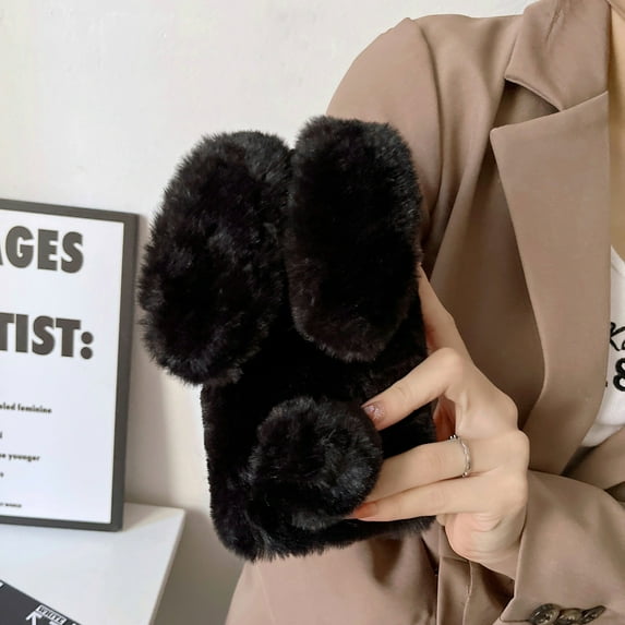 Allytech Furry Bunny Case Cover for Samsung Galaxy S23, Chic Luxury Faux Fur Rabbit Design Girly Back Case for Girls Women Shockproof Bumper Soft Fluffy Cover - Black