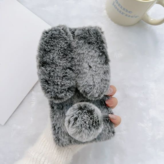 Allytech Furry Bunny Case Cover for Samsung Galaxy S23, Chic Luxury Faux Fur Rabbit Design Girly Back Case for Girls Women Shockproof Bumper Soft Fluffy Cover - Gray
