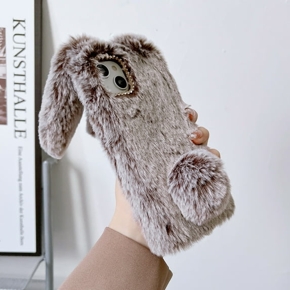 Allytech Furry Bunny Case Cover for Samsung Galaxy S23 Plus, Galaxy S23+ Case, Chic Luxury Faux Fur Rabbit Design Girly Back Case for Girls Women Shockproof Bumper Soft Fluffy Cover - Coffee