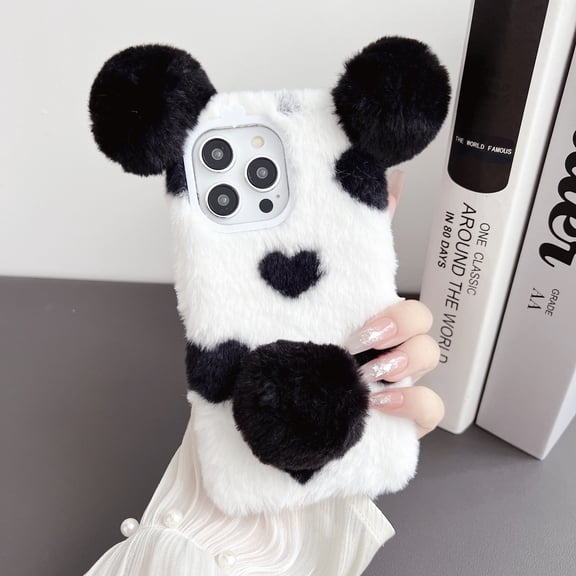 Allytech Furry Case for Apple iPhone 11 Pro, Cute Panda Design Faux Fur Back Cover Slim Fit Shockproof Protective Girly Case Cover for Girls Women - Black