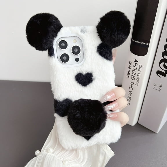Allytech Furry Case for Apple iPhone 14 Pro, Cute Panda Design Faux Fur Back Cover Slim Fit Shockproof Protective Girly Case Cover for Girls Women - Black