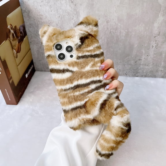 Allytech Furry Case Cover for Apple iPhone 15, Cute Tiger Design Back Cover Faux Fur Fashionable Shockproof Slim Fit Phone Case for Apple iPhone 15 - Brown
