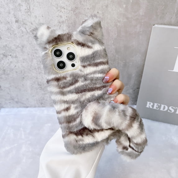 Allytech Furry Case Cover for Apple iPhone 15 Pro Max, Cute Tiger Design Back Cover Faux Fur Fashionable Shockproof Slim Fit Phone Case for Apple iPhone 15 Pro Max - Gray