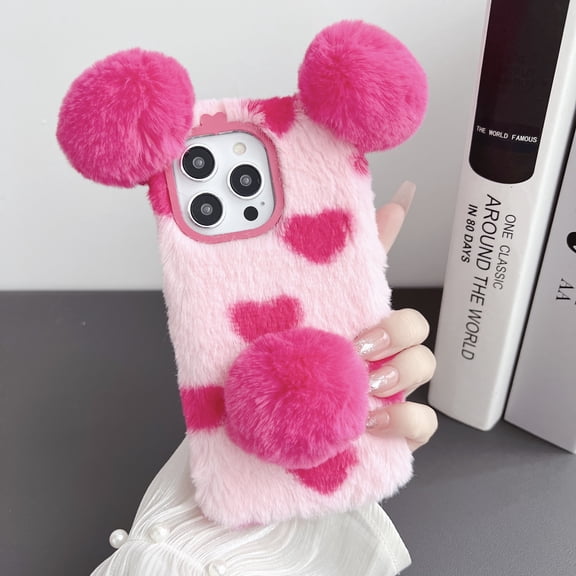 Allytech Furry Case for Apple iPhone 13, Cute Panda Design Faux Fur Back Cover Slim Fit Shockproof Protective Girly Case Cover for Girls Women - Rose