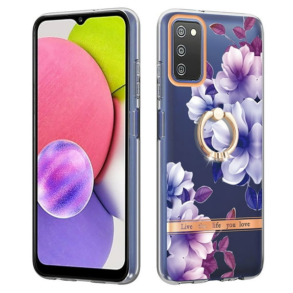 Allytech Galaxy A03S Case Cover, Soft TPU Back Cover with Ring Holder Stand Shockproof Anti-Scratch Slim Fit Bumper Phone Case for Samsung Galaxy A03S, Purple Flower