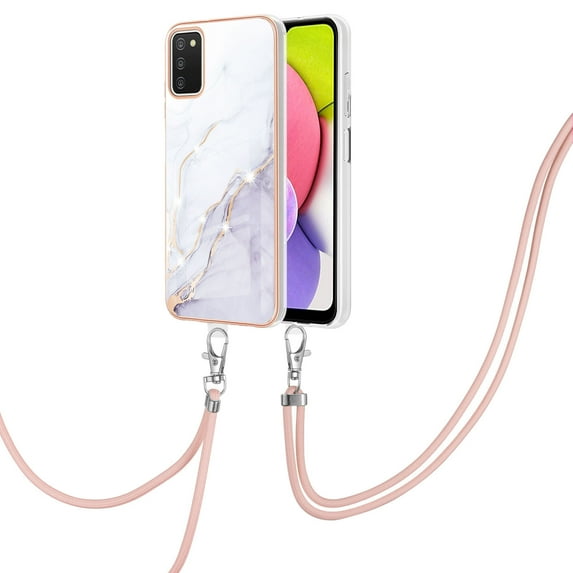 Allytech Galaxy A03S Case, Marble Serious TPU Shockproof Detachable Lanyard Heavy Duty Protection Shock-Absorbing Ultra Thin Lightweight Case Cover for Samsung Galaxy A03S, White