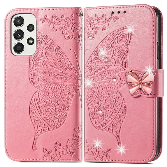 Allytech Galaxy A03s Wallet Case, Bling Diamond Butterfly PU Leather Flip Cards Holder Hand Wrist Wallet Cover Case for Samsung Galaxy A03s 6.5" - Pink