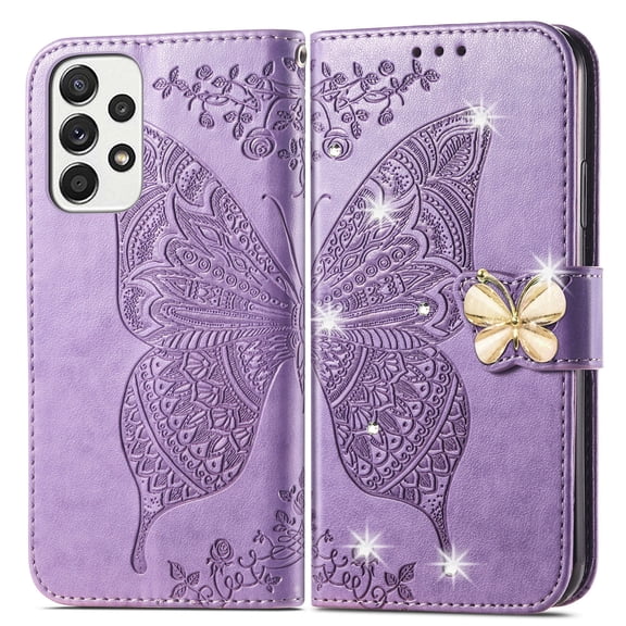 Allytech Galaxy A03s Wallet Case, Bling Diamond Butterfly PU Leather Flip Cards Holder Hand Wrist Wallet Cover Case for Samsung Galaxy A03s 6.5" - Light Purple