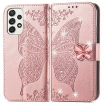 Allytech Galaxy A03s Wallet Case, Bling Diamond Butterfly PU Leather Flip Cards Holder Hand Wrist Wallet Cover Case for Samsung Galaxy A03s 6.5" - Rosegold