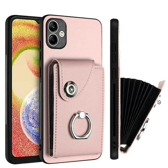 Allytech Galaxy A05 Wallet Case with Ring Holder Stand, Premium PU Leather Cards Slots Back Cover Shell Shockproof Phone Case for Samsung Galaxy A05, Pink