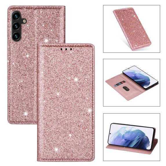 Allytech Galaxy A05S Wallet Case Bling Glitter Design, Slim PU Leather Cards Holder Flip Stand Cover for Girls Women Shockproof Wallet Case for Samsung Galaxy A05S - Rosegold