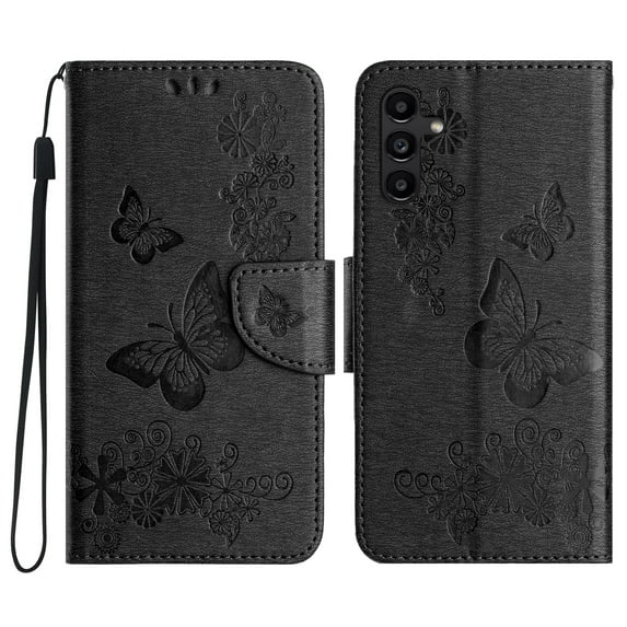 Allytech Galaxy A05S Wallet Case, PU Leather Butterfly Embossed Flip Folio Stand Protective Shockproof Cards Holder Hand Wrist Bumper Phone Case Cover for Samsung Galaxy A05S- Black