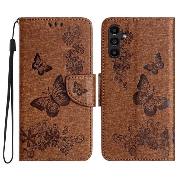 Allytech Galaxy A05S Wallet Case, PU Leather Butterfly Embossed Flip Folio Stand Protective Shockproof Cards Holder Hand Wrist Bumper Phone Case Cover for Samsung Galaxy A05S- Brown
