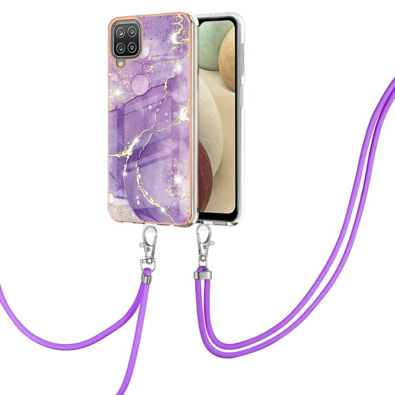 Allytech Galaxy A12 Case, A12 Case Cover, Flexible TPU Rubber Marble Serious Shockproof Anti-scratch Heavy Duty Protection Shoulder Strap Case Cover for Samsung Galaxy A12, Purple