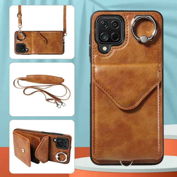 Allytech Galaxy A12 Case Wallet with Cards Holder & Detachable Shoulder Strap, Ring Holder Kickstand Vintage PU Leather Shockproof Wallet Case Cover for Samsung Galaxy A12 - Brown
