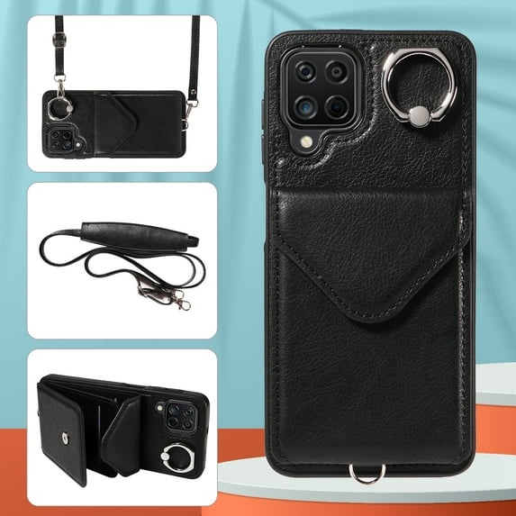 Allytech Galaxy A12 Case Wallet with Cards Holder & Detachable Shoulder Strap, Ring Holder Kickstand Vintage PU Leather Shockproof Wallet Case Cover for Samsung Galaxy A12 - Black