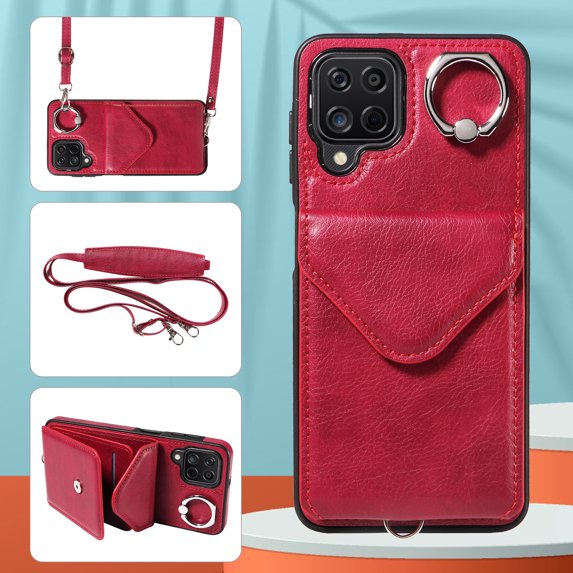 Allytech Galaxy A12 Case Wallet with Cards Holder & Detachable Shoulder Strap, Ring Holder Kickstand Vintage PU Leather Shockproof Wallet Case Cover for Samsung Galaxy A12 - Red