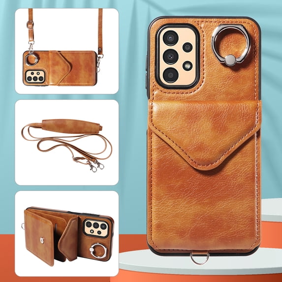 Allytech Galaxy A13 4G Case Wallet with Cards Holder & Detachable Shoulder Strap, Ring Holder Kickstand Vintage PU Leather Shockproof Wallet Case Cover for Samsung Galaxy A13 4G - Brown