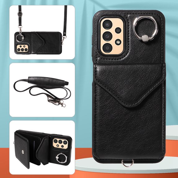 Allytech Galaxy A13 4G Case Wallet with Cards Holder & Detachable Shoulder Strap, Ring Holder Kickstand Vintage PU Leather Shockproof Wallet Case Cover for Samsung Galaxy A13 4G - Black