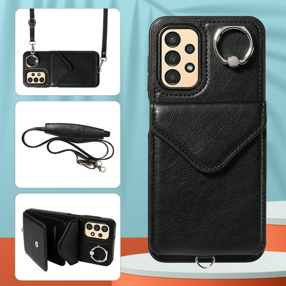 Allytech Galaxy A13 4G Case Wallet with Cards Holder & Detachable Shoulder Strap, Ring Holder Kickstand Vintage PU Leather Shockproof Wallet Case Cover for Samsung Galaxy A13 4G - Black