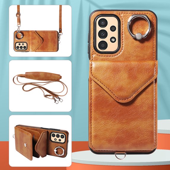 Allytech Galaxy A13 4G Case Wallet with Cards Holder & Detachable Shoulder Strap, Ring Holder Kickstand Vintage PU Leather Shockproof Wallet Case Cover for Samsung Galaxy A13 4G - Brown