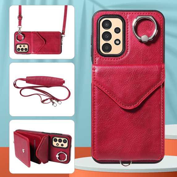 Allytech Galaxy A13 4G Case Wallet with Cards Holder & Detachable Shoulder Strap, Ring Holder Kickstand Vintage PU Leather Shockproof Wallet Case Cover for Samsung Galaxy A13 4G - Red