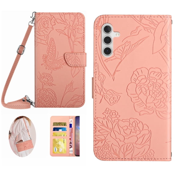 Allytech Galaxy A13 5G Case Wallet, Slim 3D Butterfly Flower Embossed Short Shoulder Strap Folding Kickstand Cards Slots Wallet Case Cover for Samsung Galaxy A13 5G 6.5-inch - Pink