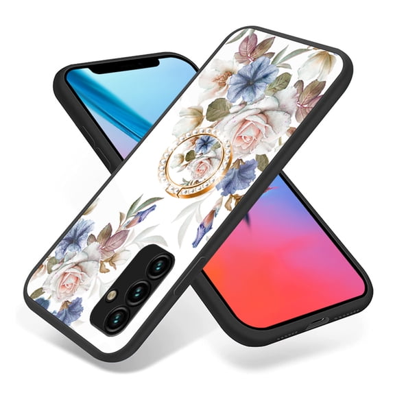 Allytech Galaxy A14 5G Case with Stand, Soft TPU Back Cover for Ring Holder Stand Glitter Bling Design Shockproof Anti-scratch Drop Protective Case Shell for Samsung Galaxy A14 5G - White Flower