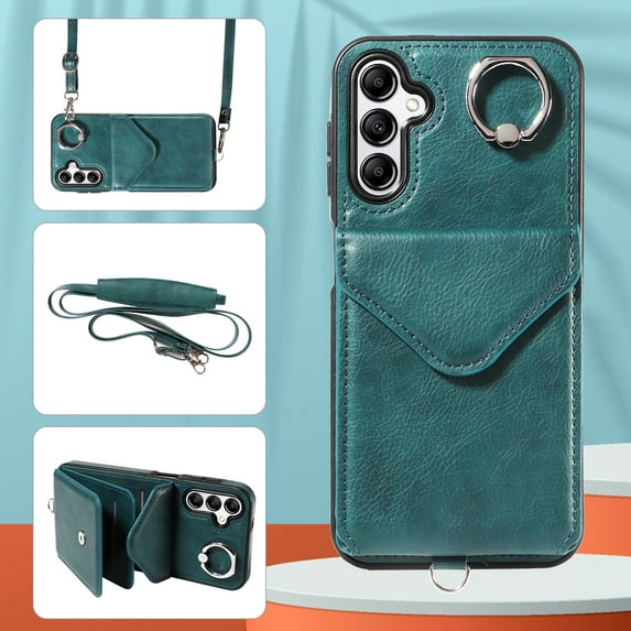 Allytech Galaxy A14 5G Case Wallet with Cards Holder & Detachable Shoulder Strap, Ring Holder Kickstand Vintage PU Leather Shockproof Wallet Case Cover for Samsung Galaxy A14 5G - Green