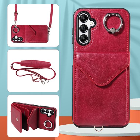 Allytech Galaxy A14 5G Case Wallet with Cards Holder & Detachable Shoulder Strap, Ring Holder Kickstand Vintage PU Leather Shockproof Wallet Case Cover for Samsung Galaxy A14 5G - Red