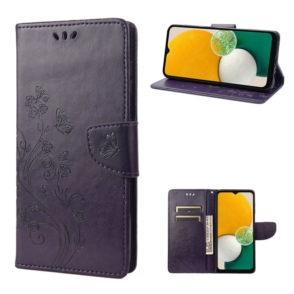 Allytech Galaxy A14 5G Case Wallet, Galaxy A14 5G Case for Women, PU Leather Butterfly Flower Embossed Shockproof Protective Stand Cards Slots Wallet Case Cover for Samsung Galaxy A14 5G 6.6"-Purple