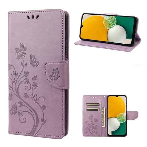 Allytech Galaxy A14 5G Case Wallet, Galaxy A14 5G Case for Women, PU Leather Butterfly Flower Embossed Shockproof Protective Stand Cards Slots Wallet Case Cover for Samsung Galaxy A14 5G-Lightpurple