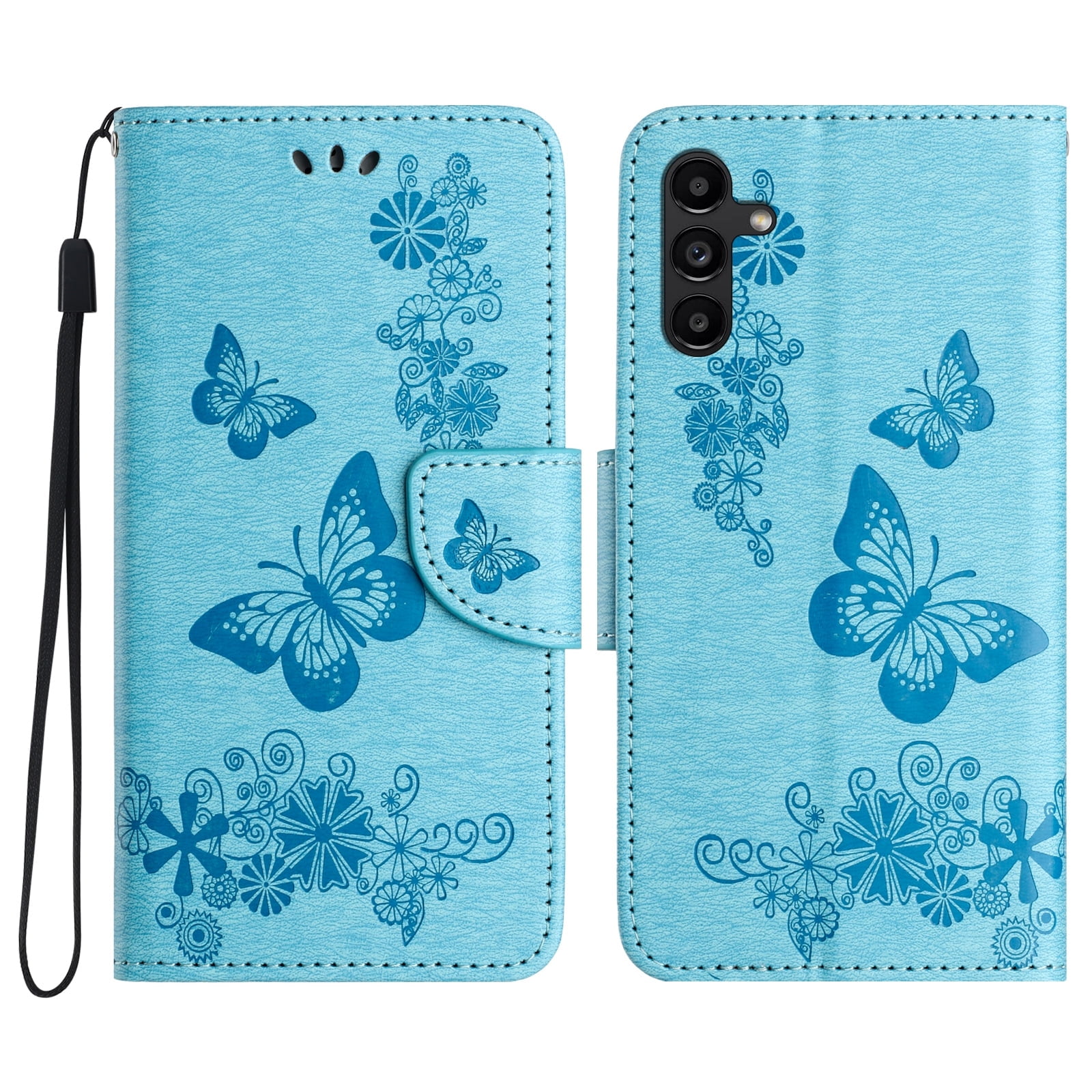 Allytech Galaxy A15 5G Wallet Case, PU Leather Butterfly Embossed Flip Folio Stand Protective Shockproof Cards Holder Hand Wrist Bumper Phone Case Cover for Samsung Galaxy A15 5G - Blue