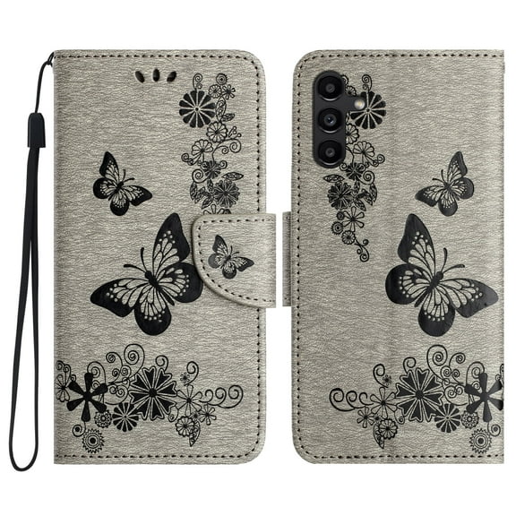 Allytech Galaxy A15 5G Wallet Case, PU Leather Butterfly Embossed Flip Folio Stand Protective Shockproof Cards Holder Hand Wrist Bumper Phone Case Cover for Samsung Galaxy A15 5G - Gray