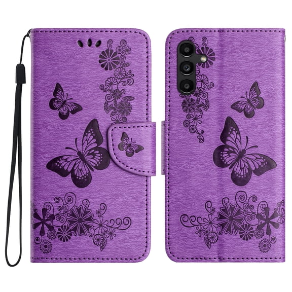 Allytech Galaxy A17 5G Wallet Case, PU Leather Butterfly Embossed Flip Folio Stand Protective Shockproof Cards Holder Hand Wrist Bumper Phone Case Cover for Samsung Galaxy A17 5G - Purple