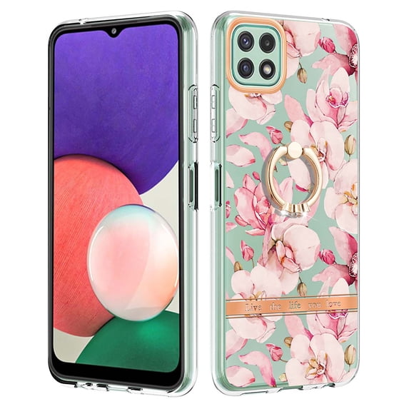 Allytech Galaxy A22 4G Case Cover, Soft TPU Back Cover with Ring Holder Stand Shockproof Anti-Scratch Slim Fit Bumper Phone Case for Samsung Galaxy A22 4G, Pink Flower