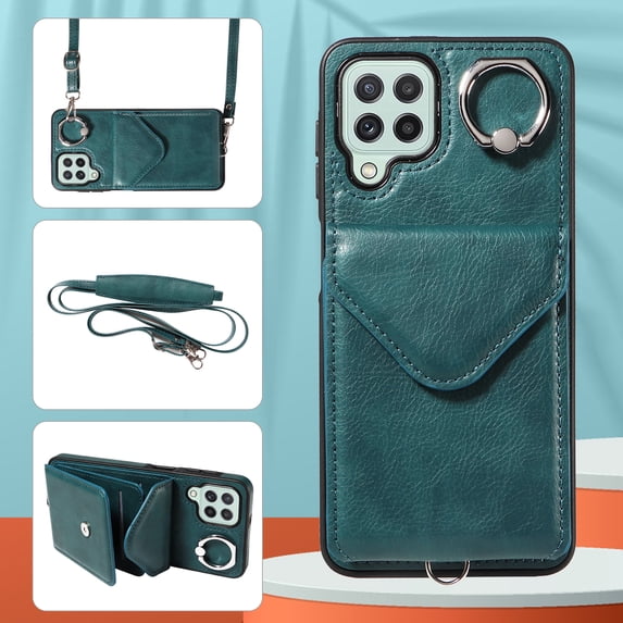 Allytech Galaxy A22 4G Case Wallet with Cards Holder & Detachable Shoulder Strap, Ring Holder Kickstand Vintage PU Leather Shockproof Wallet Case Cover for Samsung Galaxy A22 4G - Green