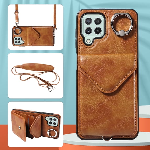 Allytech Galaxy A22 5G Case Wallet with Cards Holder & Detachable Shoulder Strap, Ring Holder Kickstand Vintage PU Leather Shockproof Wallet Case Cover for Samsung Galaxy A22 5G - Brown