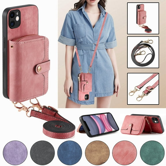 Allytech Galaxy A22 5G Wallet Case with Crossbody Strap, Vintage PU Leather Large Zipper Pocket Cards Slots Stand Shockproof Wallet Case Cover for Samsung Galaxy A22 5G - Pink