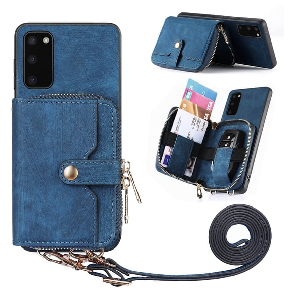 Allytech Galaxy A22 5G Wallet Case with Crossbody Strap, Vintage PU Leather Large Zipper Pocket Cards Slots Stand Shockproof Wallet Case Cover for Samsung Galaxy A22 5G - Blue