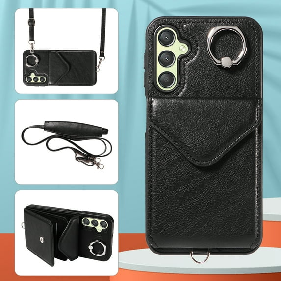 Allytech Galaxy A24 4G Case Wallet with Cards Holder & Detachable Shoulder Strap, Ring Holder Kickstand Vintage PU Leather Shockproof Wallet Case Cover for Samsung Galaxy A24 4G - Black