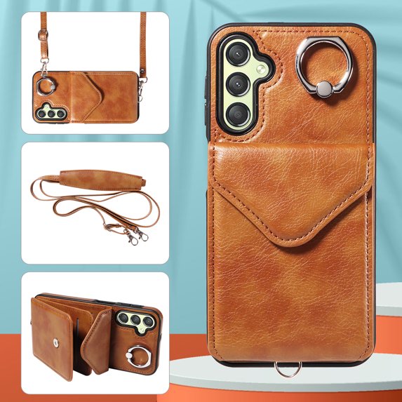 Allytech Galaxy A24 4G Case Wallet with Cards Holder & Detachable Shoulder Strap, Ring Holder Kickstand Vintage PU Leather Shockproof Wallet Case Cover for Samsung Galaxy A24 4G - Brown